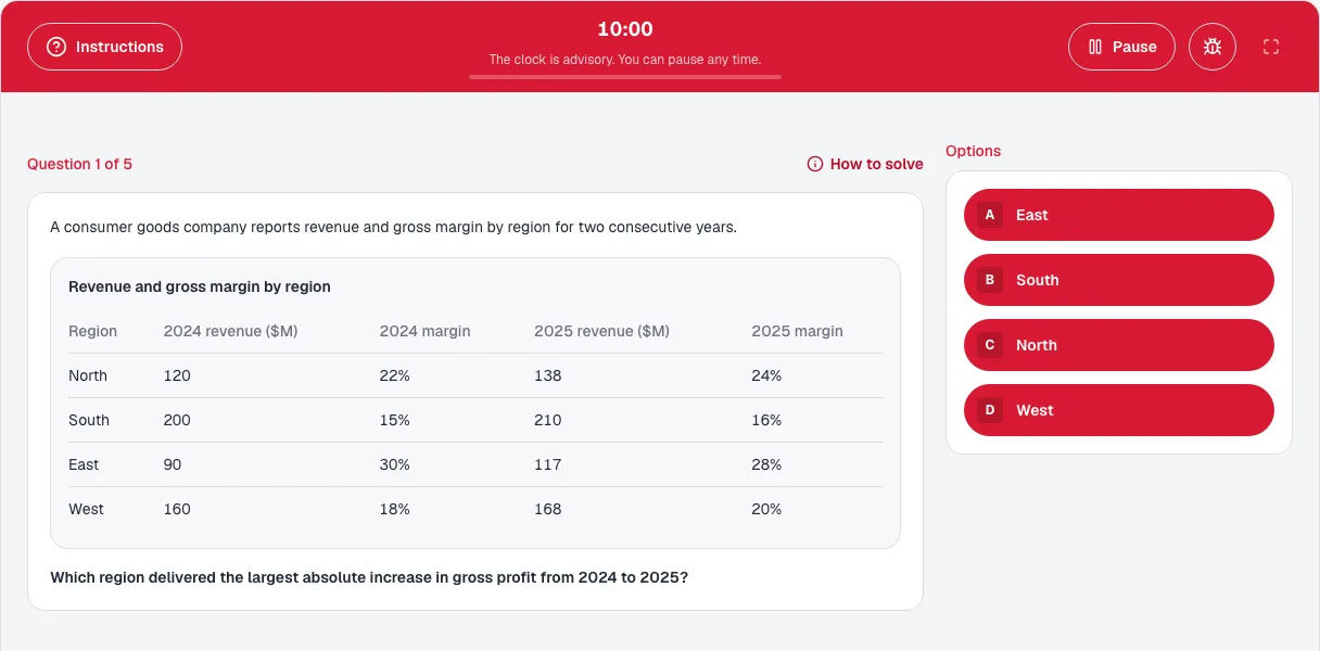 Bain SOVA practice screen