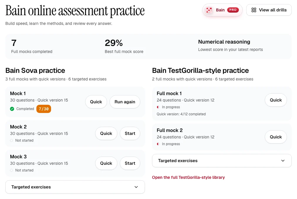 The Bain practice library with progress, both lanes' mocks and saved reports