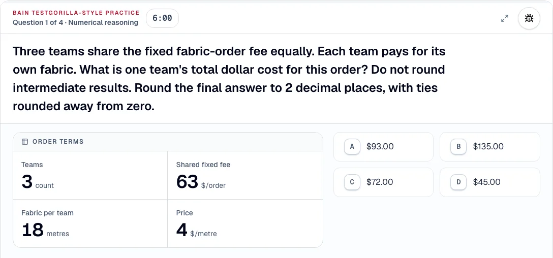 A TestGorilla-style practice question with its given facts and four answer options