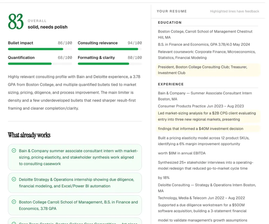Road to Offer resume grader report: overall score 83, sub-scores for bullet impact, consulting relevance, quantification and formatting, and the resume with highlighted lines