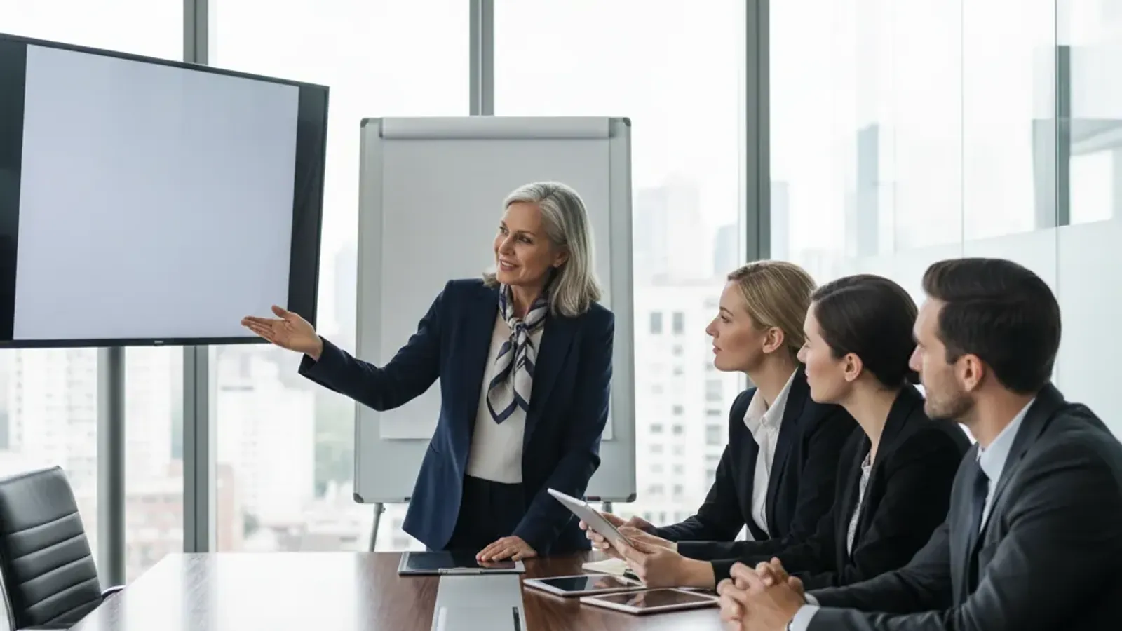 Senior consultant preparing for a client leadership discussion in a modern office
