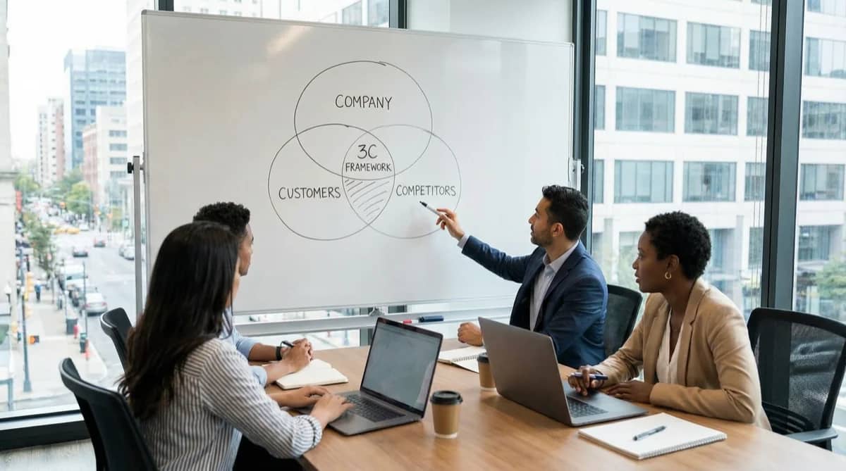 4C framework case interview diagram splitting Customer and Competition as external factors from Cost and Capabilities as internal factors