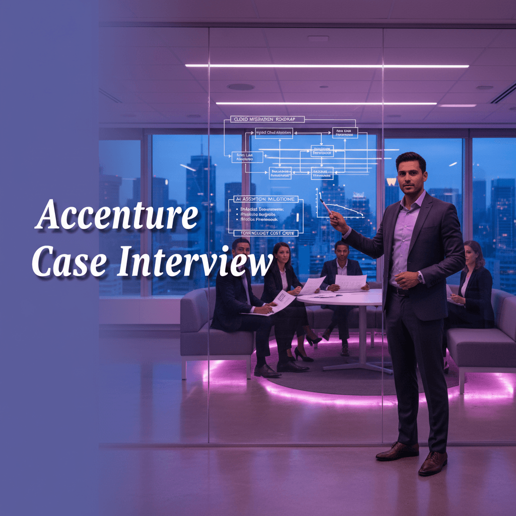 Candidate presenting a digital transformation strategy on a glass whiteboard in an Accenture-style modern office with purple accent lighting and city skyline view