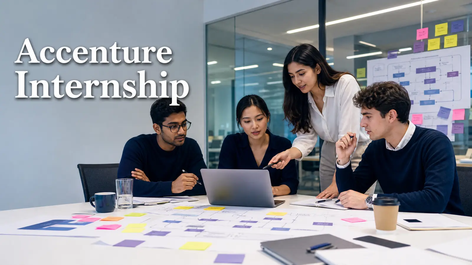 An Accenture internship candidate preparing project delivery notes, case drills, and a digital transformation workflow