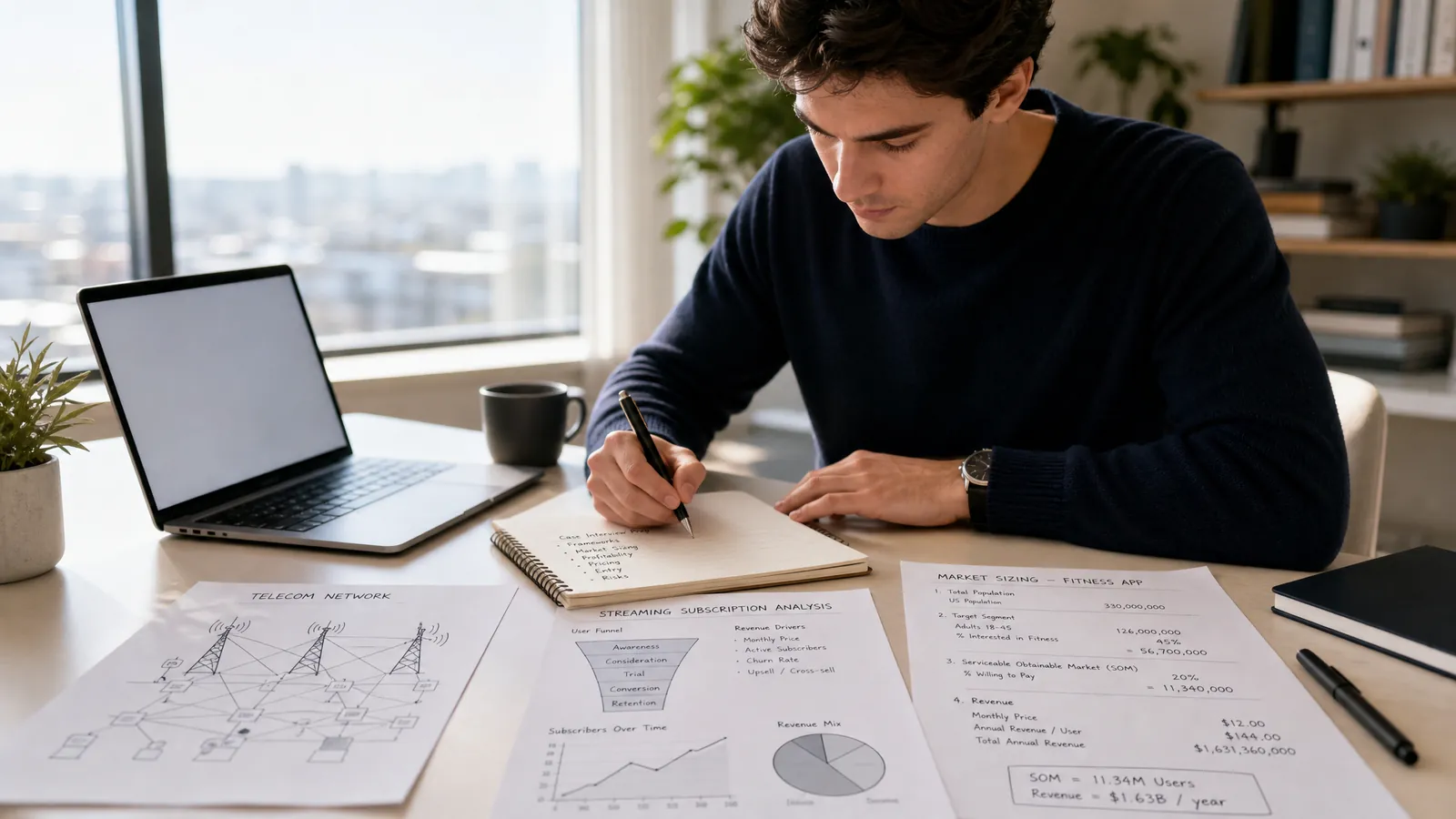Candidate preparing for an Altman Solon TMT case interview with structured notes and market analysis