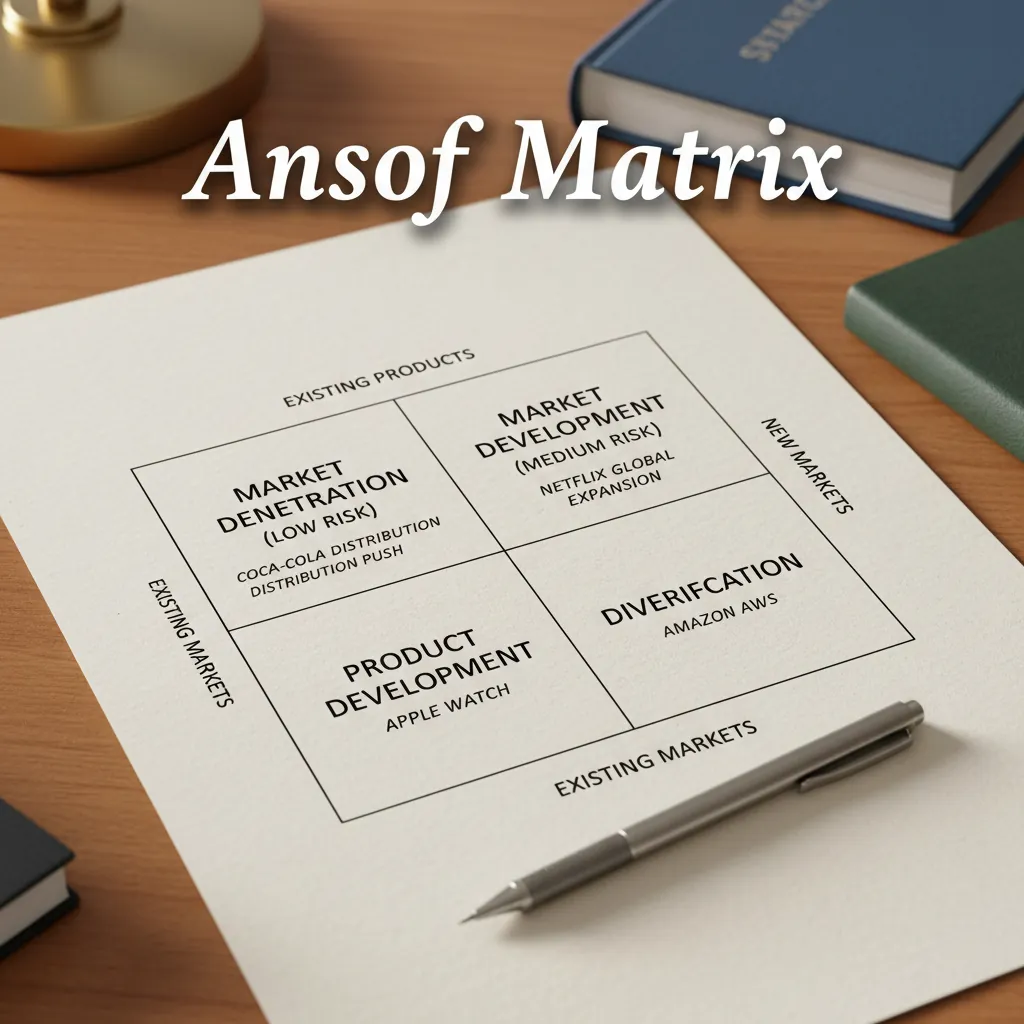 A 2x2 Ansoff Matrix drawn on a whiteboard showing the four growth quadrants with market and product axes clearly labeled