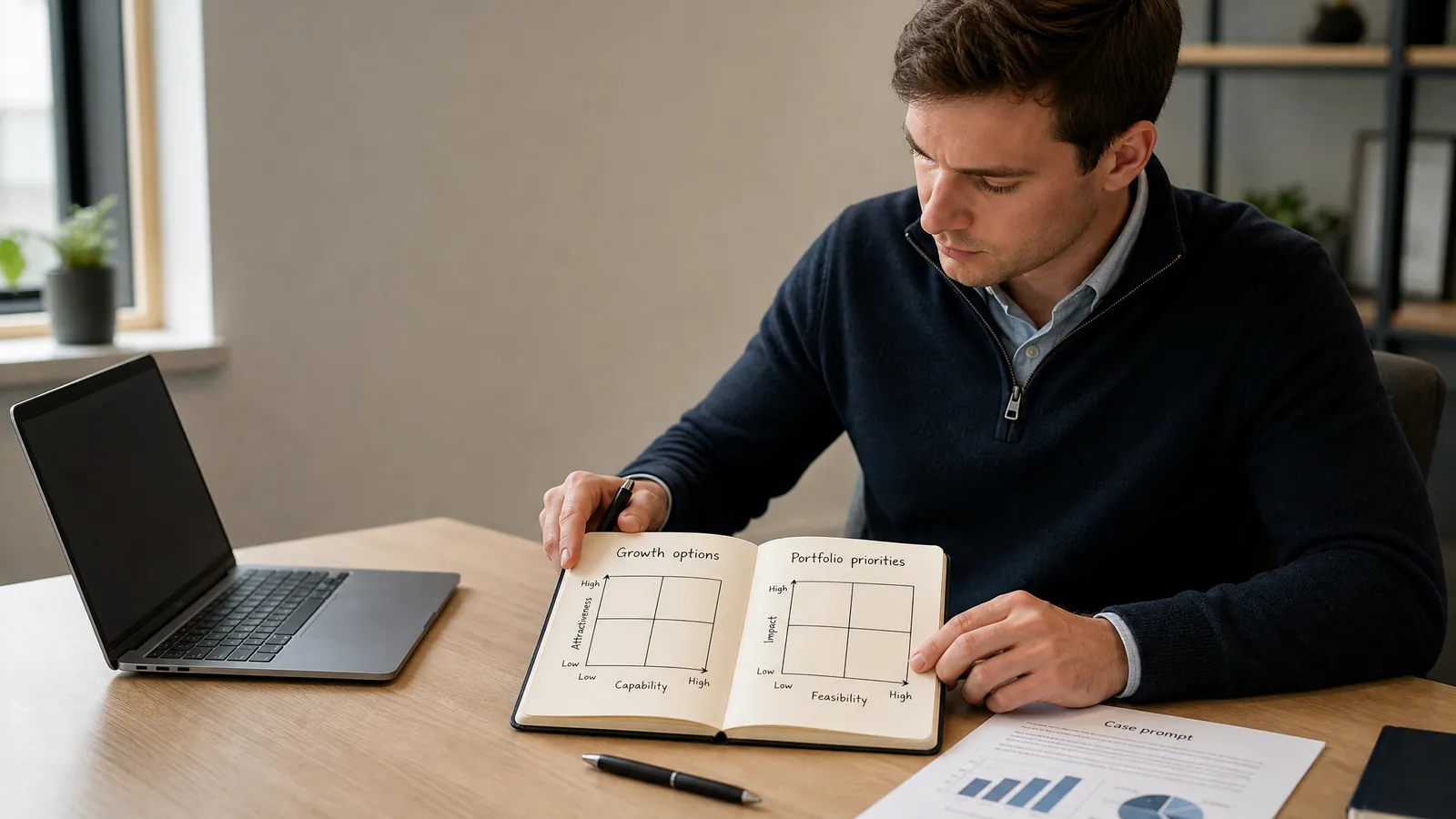 Consulting candidate comparing Ansoff and BCG strategy matrices for case interview prep