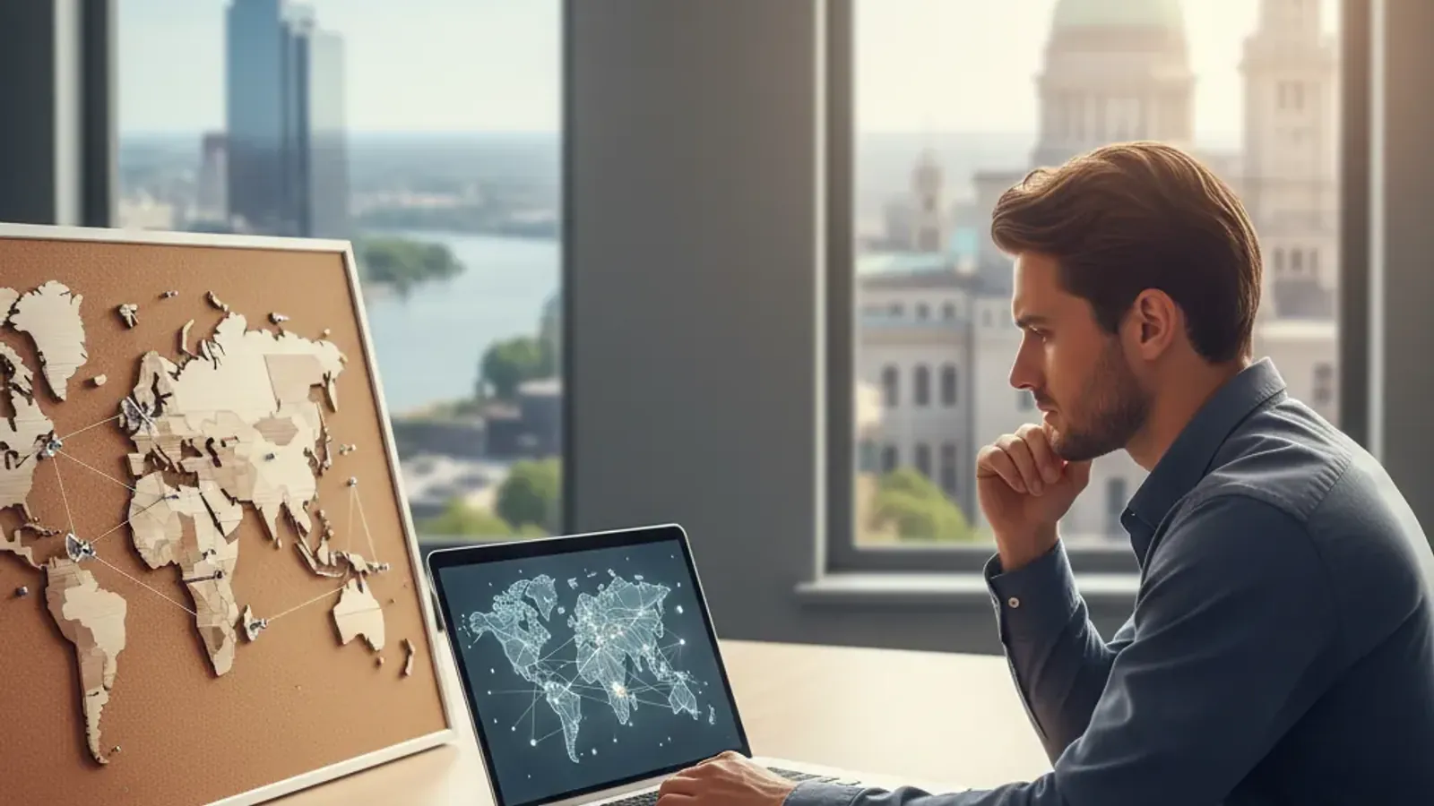 Candidate comparing consulting office options on a laptop and notebook without visible text
