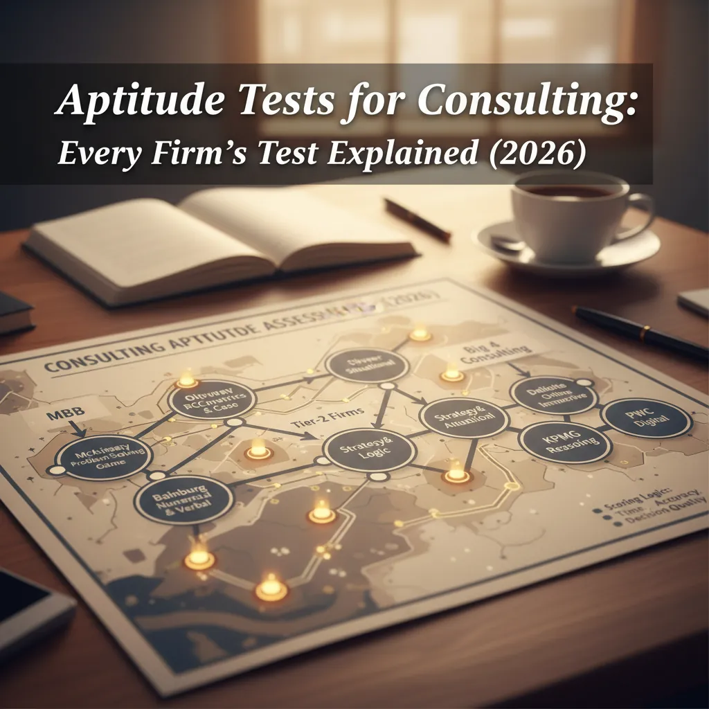 Consulting aptitude test map showing MBB, tier-2, and Big 4 assessments with scoring logic
