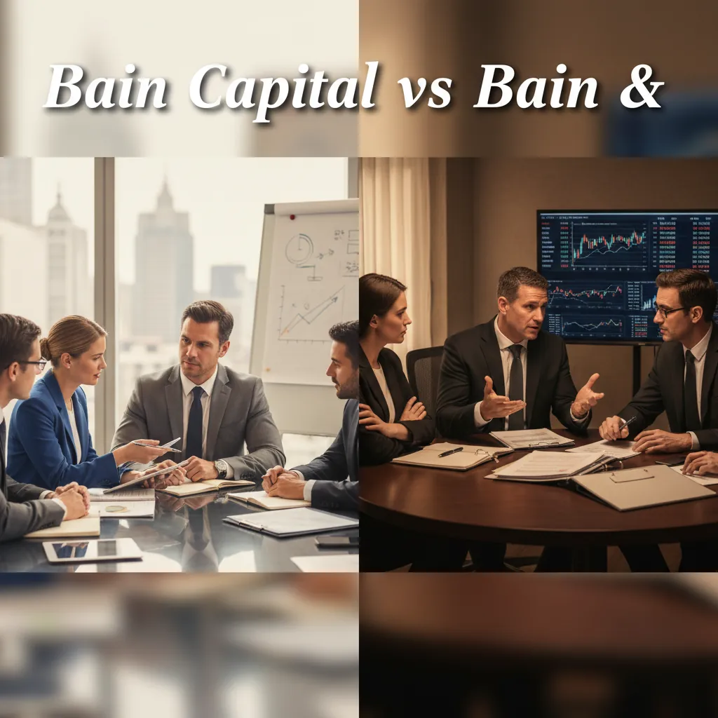 Split-screen comparison of a consulting meeting and a private equity deal room