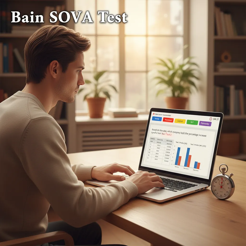 Candidate preparing for a Bain digital assessment on a laptop with notes, calculator, and a quiet desk setup