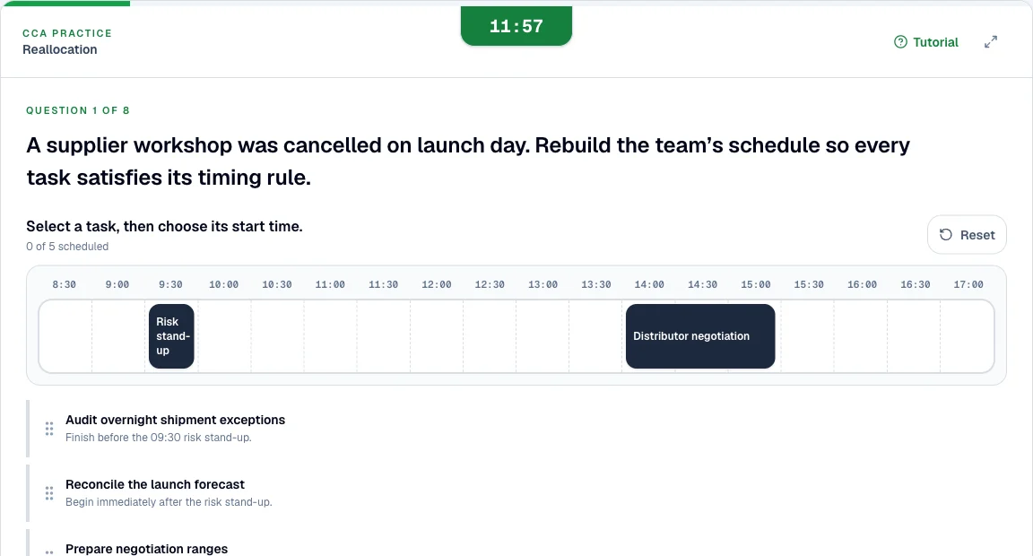 BCG CCA numerical simulator: a scheduling-logic question with four options and a shared 12-minute timer