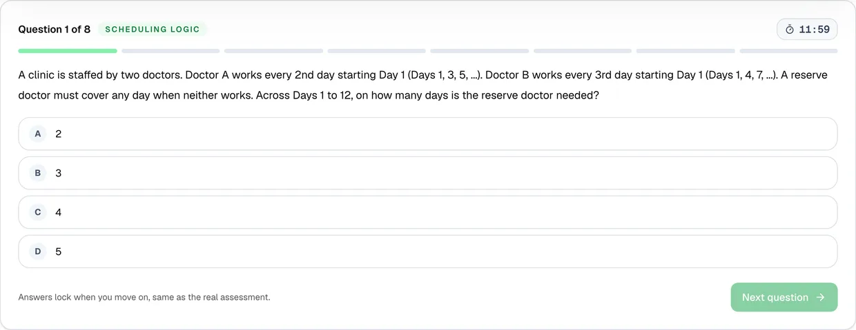 BCG CCA numerical simulator: a scheduling-logic question with four options and a shared 12-minute timer