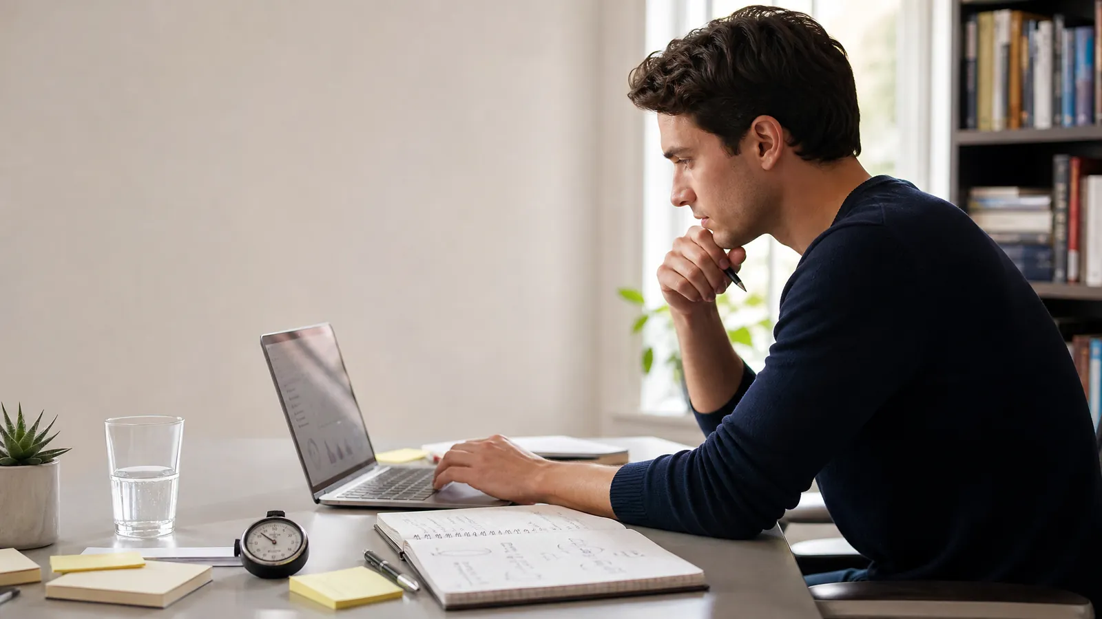 Consulting applicant preparing for the BCG Consulting Career Assessment with structured notes and a laptop