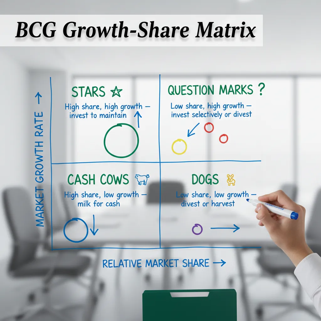 A 2x2 BCG Growth-Share Matrix on a whiteboard with four quadrants labeled Stars, Cash Cows, Question Marks, and Dogs with product portfolio examples