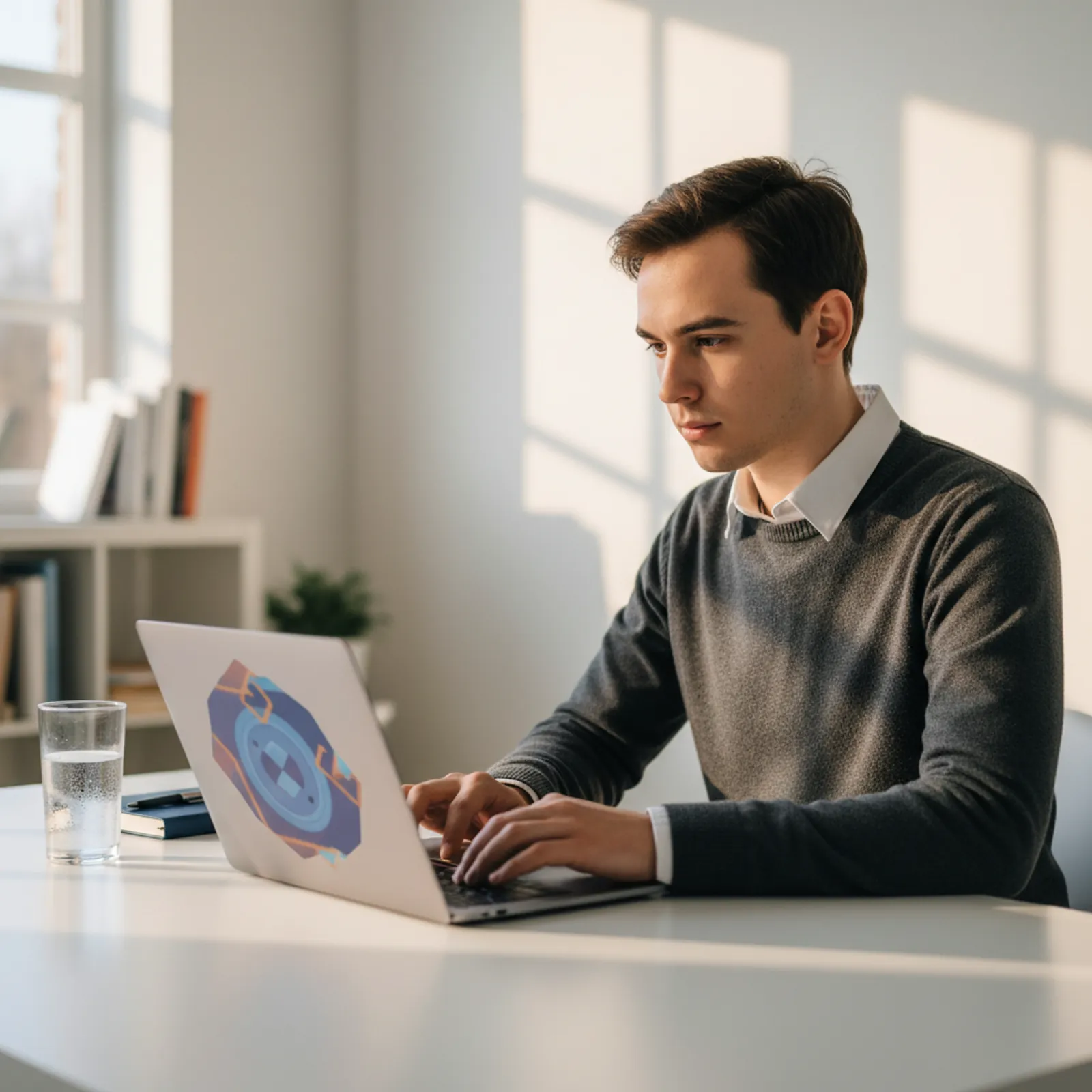 Young professional in a home office, head tilted in concentration playing an abstract interactive game on a slim laptop with a navy notebook beside, in warm afternoon window light