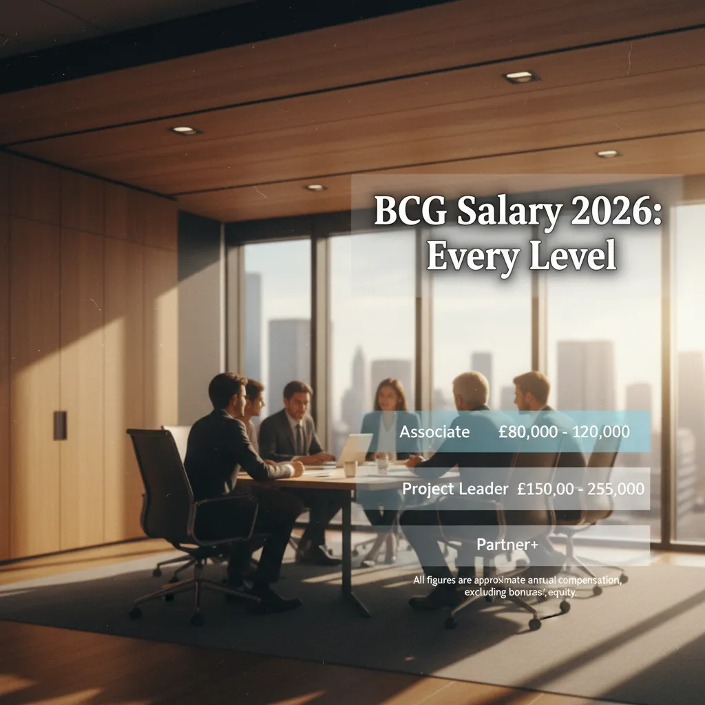 A BCG office interior with a 2026 compensation breakdown chart overlay by career level