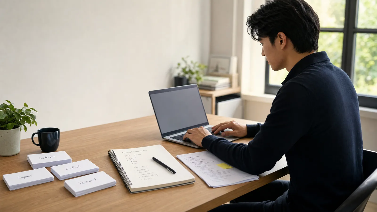 Consulting candidate comparing behavioral interview and PEI prep resources with story notes