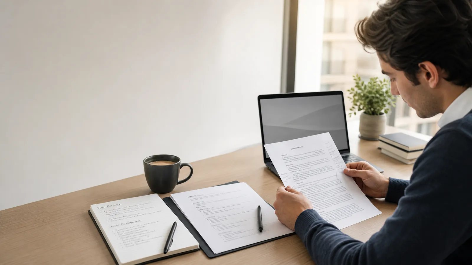 Consulting candidate reviewing cover letter examples and application notes