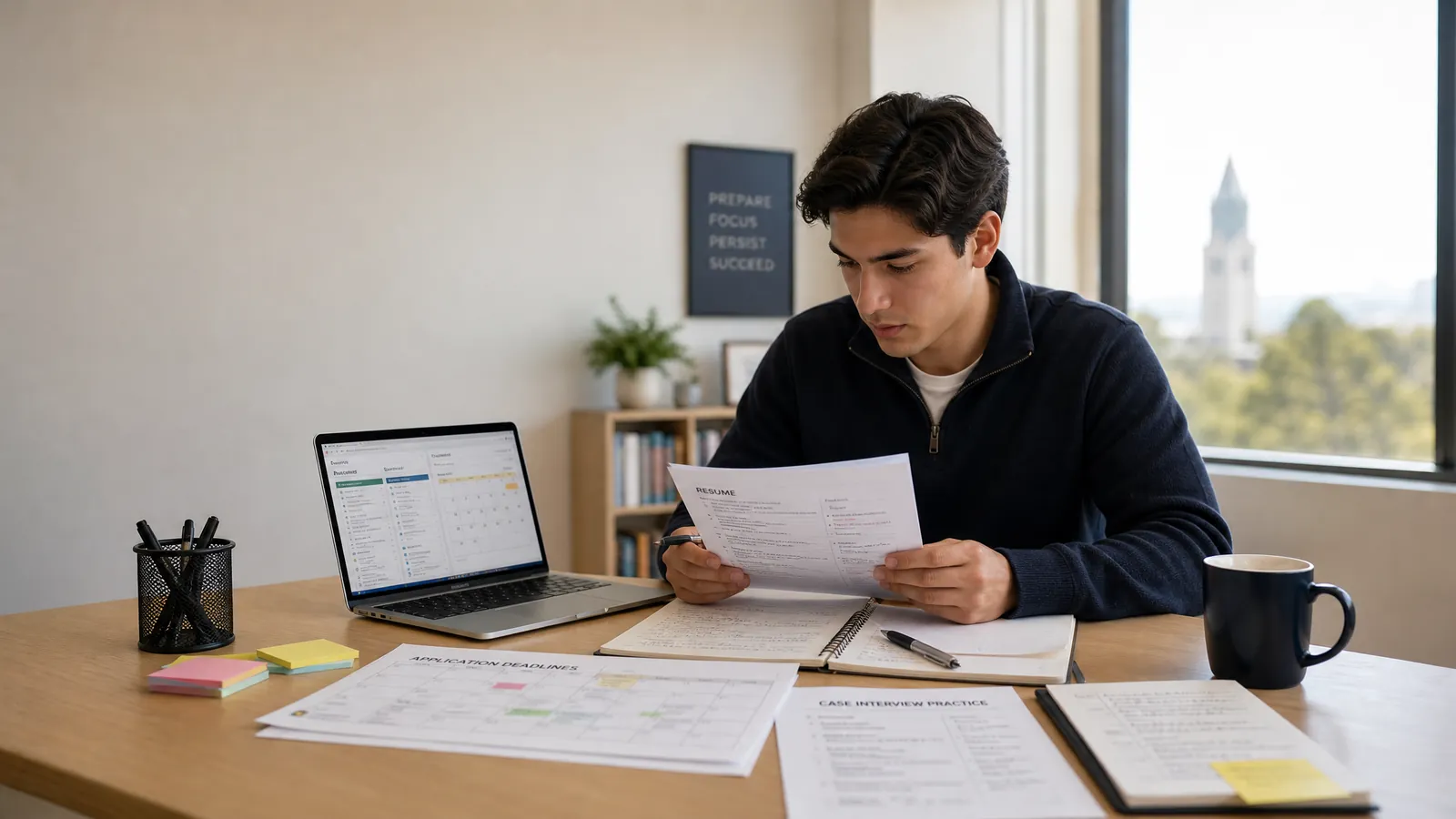 Student comparing consulting internship options with application notes and case practice materials