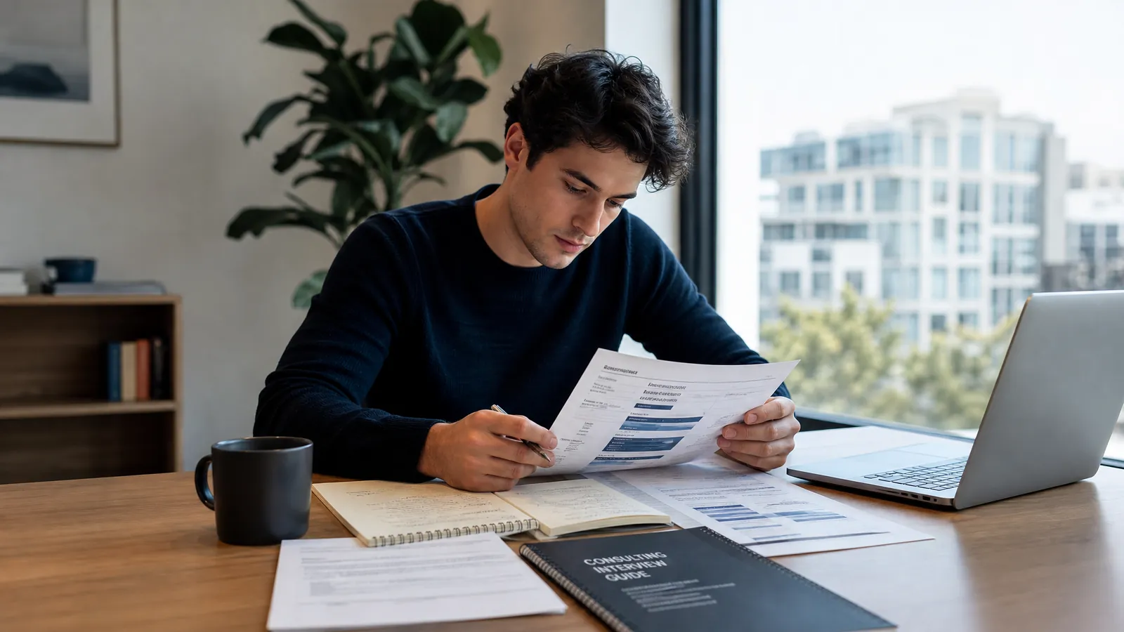Candidate reviewing consulting resume examples and structured application notes