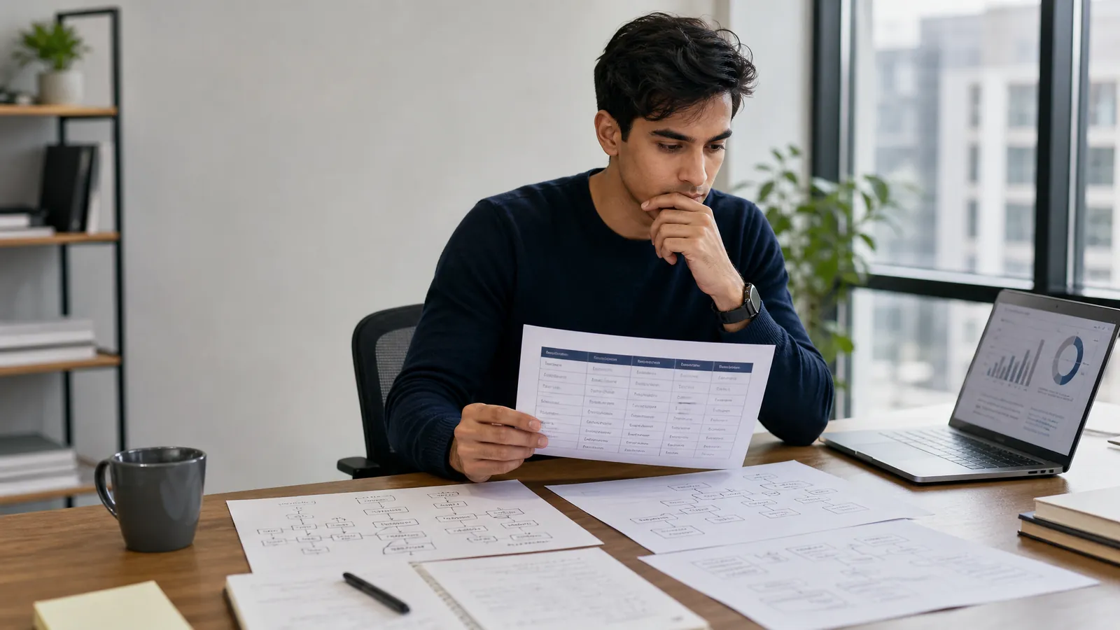 Consulting candidate comparing market sizing practice resources with notes and estimation trees