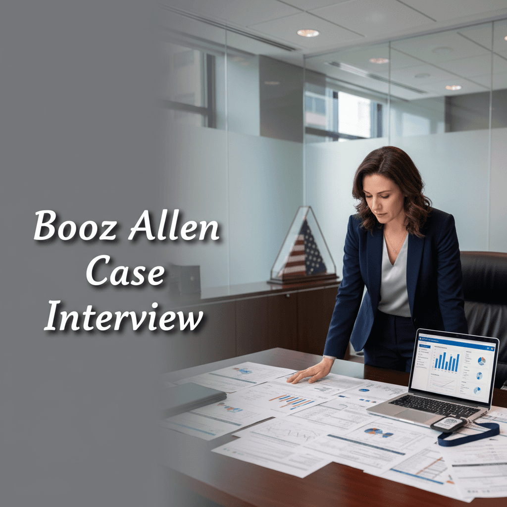 Booz Allen Hamilton case interview preparation guide showing a consultant reviewing federal agency briefing materials at a secure government facility conference room