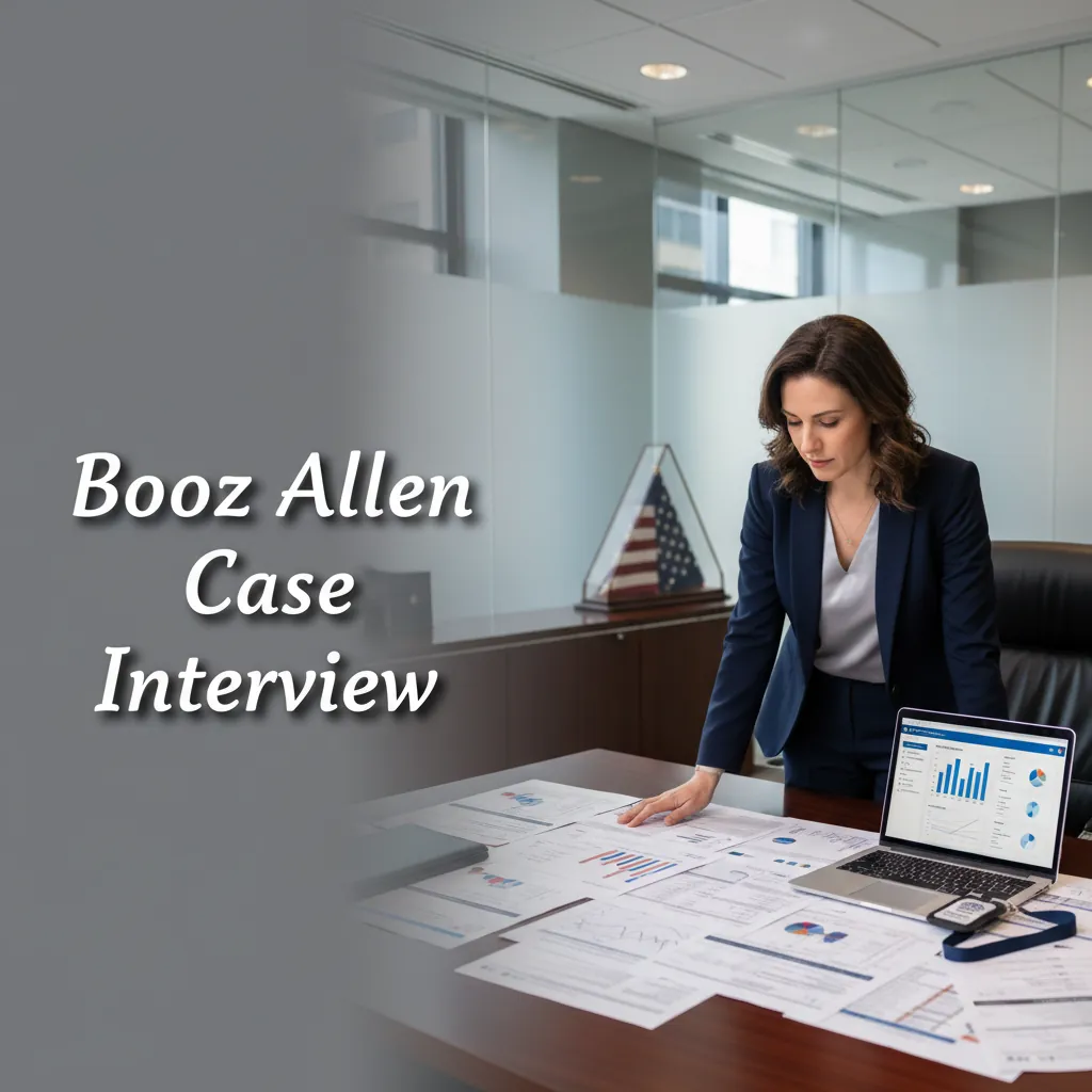 Booz Allen Hamilton case interview preparation guide showing a consultant reviewing federal agency briefing materials at a secure government facility conference room