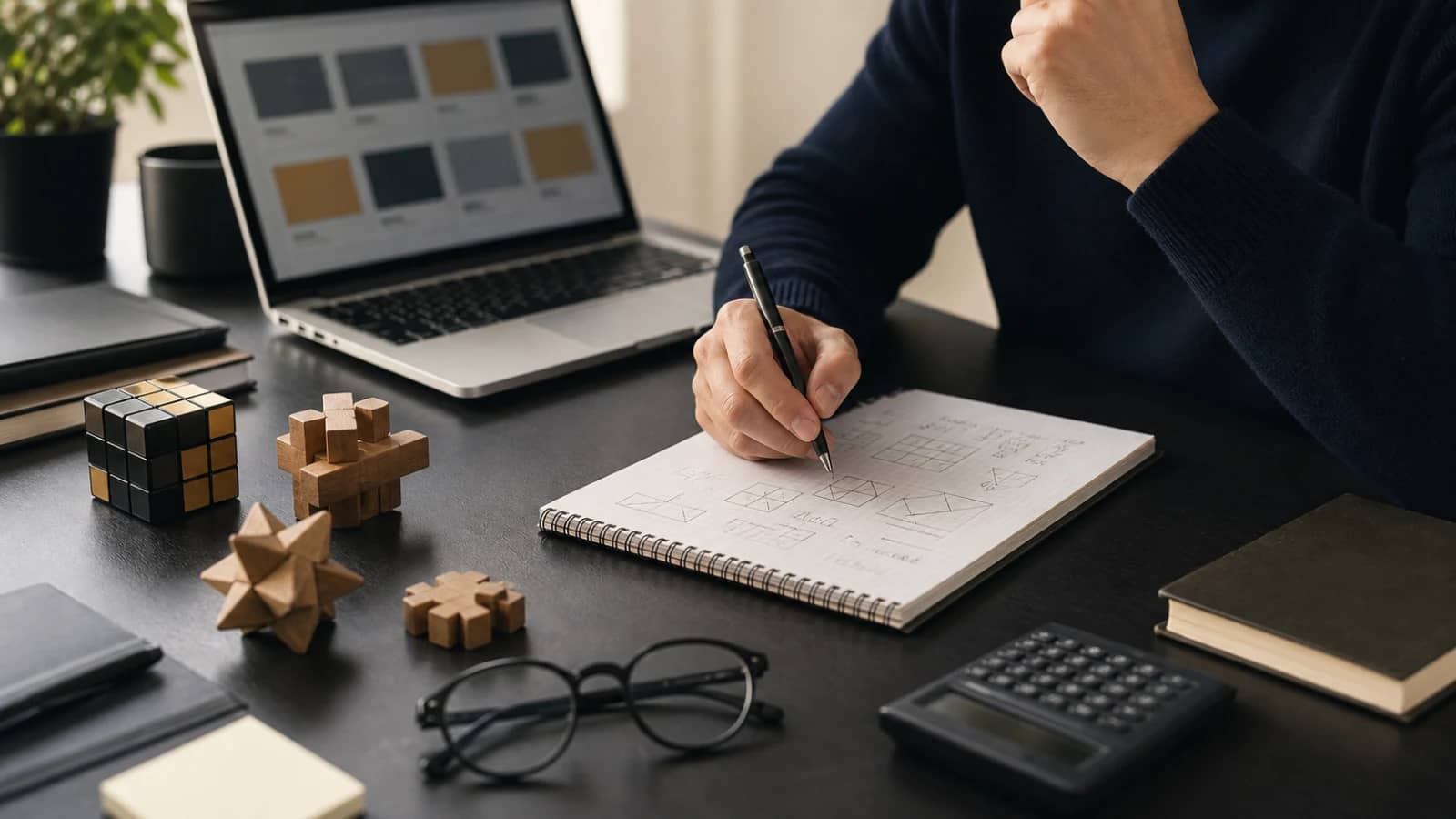 Consulting candidate practicing brain teaser questions with structured notes and logic prompts