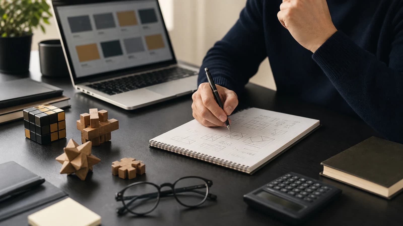 Consulting candidate preparing for brain teaser questions with structured notes
