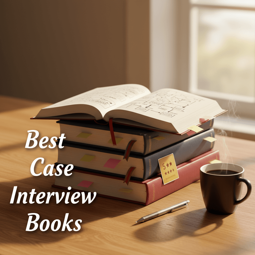 Stack of case interview preparation books with ratings and reviews