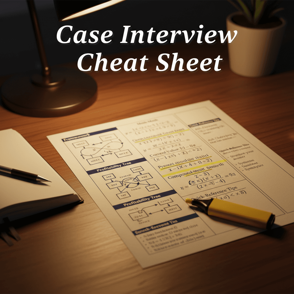 Case interview cheat sheet showing frameworks, formulas, and quick reference tips