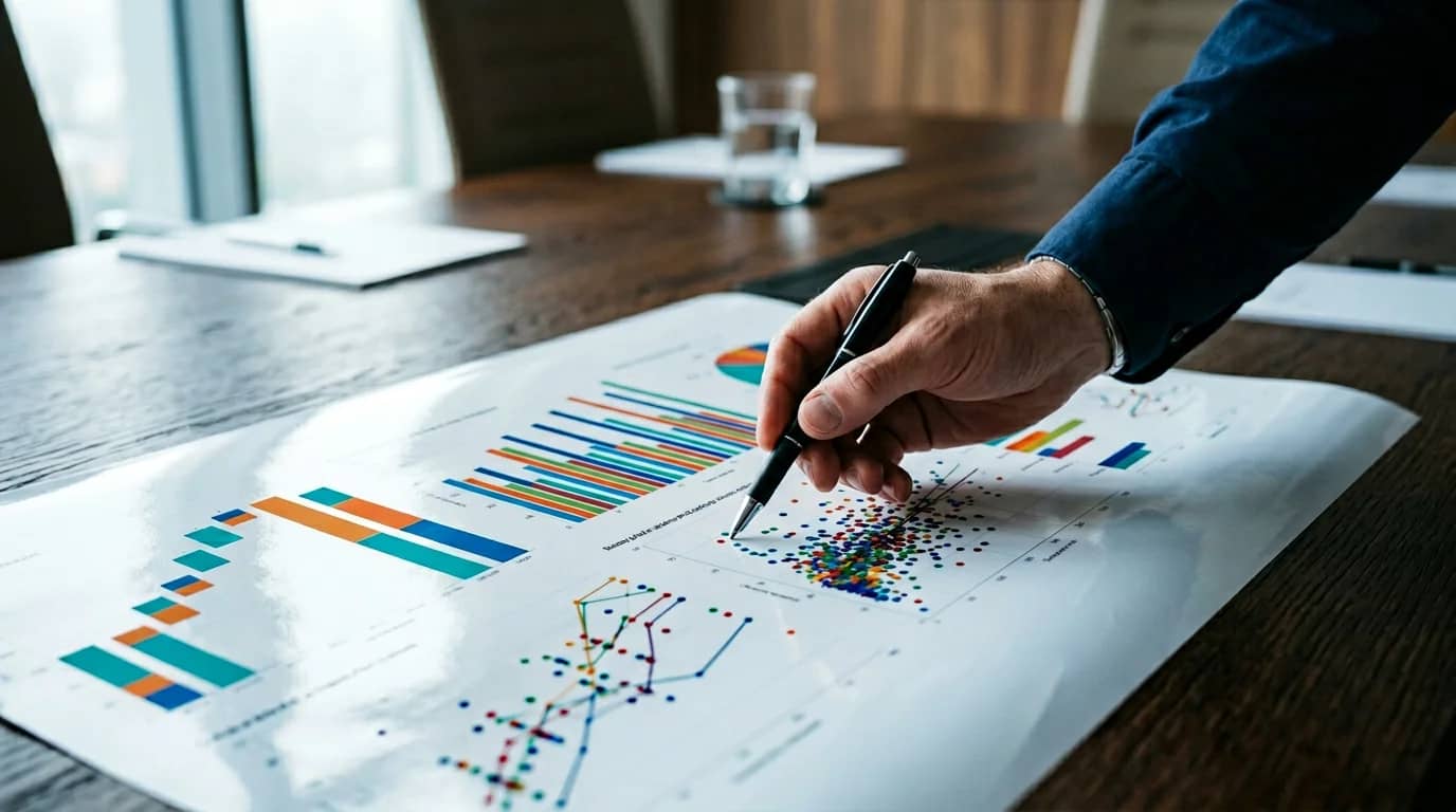 Consultant tracing patterns across bar, line, scatter, and pie-chart exhibits