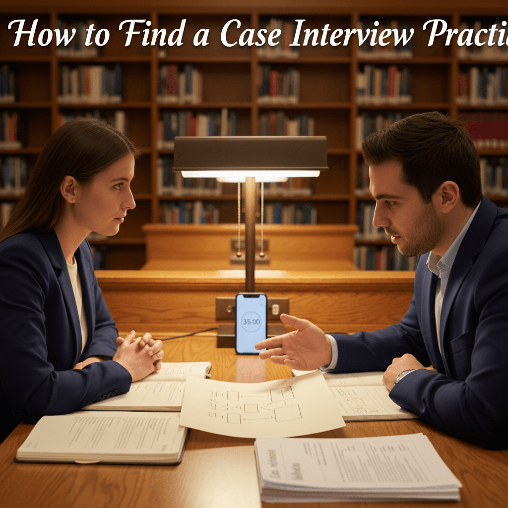 Two people practicing a case interview across a table with notes and a timer