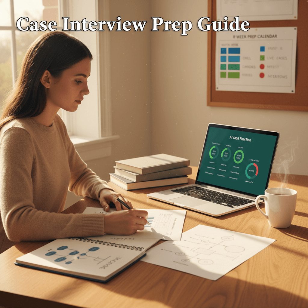 A candidate at a clean desk surrounded by organized prep materials — a framework notebook, printed case prompts, a laptop with an AI practice session open, and a handwritten 8-week prep calendar pinned to a corkboard — warm morning light, focused and purposeful atmosphere