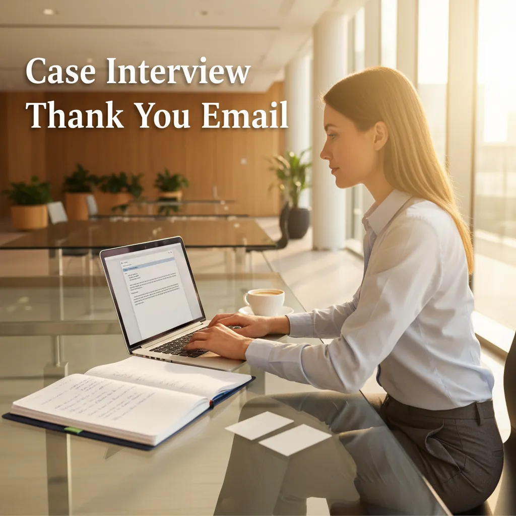 A consulting candidate sits at a clean modern desk composing a thank-you email on a laptop, handwritten interview notes beside them, two business cards on the table, warm afternoon light through floor-to-ceiling windows