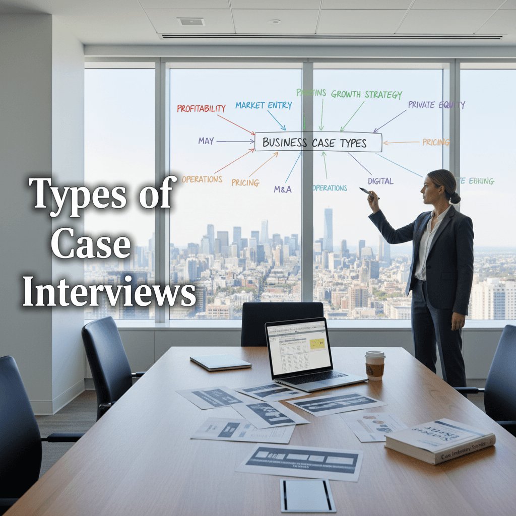 A consulting candidate at a whiteboard mapping out 8 different case interview type categories — profitability, market entry, M&A, pricing, growth, operations, digital, and PE — with color-coded framework trees in marker