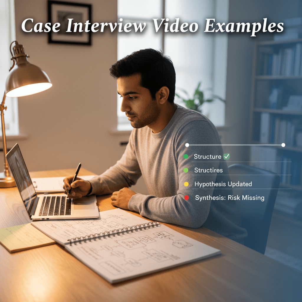A candidate mid-case interview with a framework sketch on paper, interviewer watching, on a split screen beside a replay timeline with timestamped annotations — editorial, sharp focus, warm consulting office tones