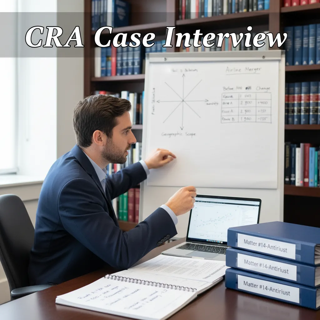 A candidate in a Boston economic consulting office reviewing competition economics data and antitrust analysis charts for a CRA interview
