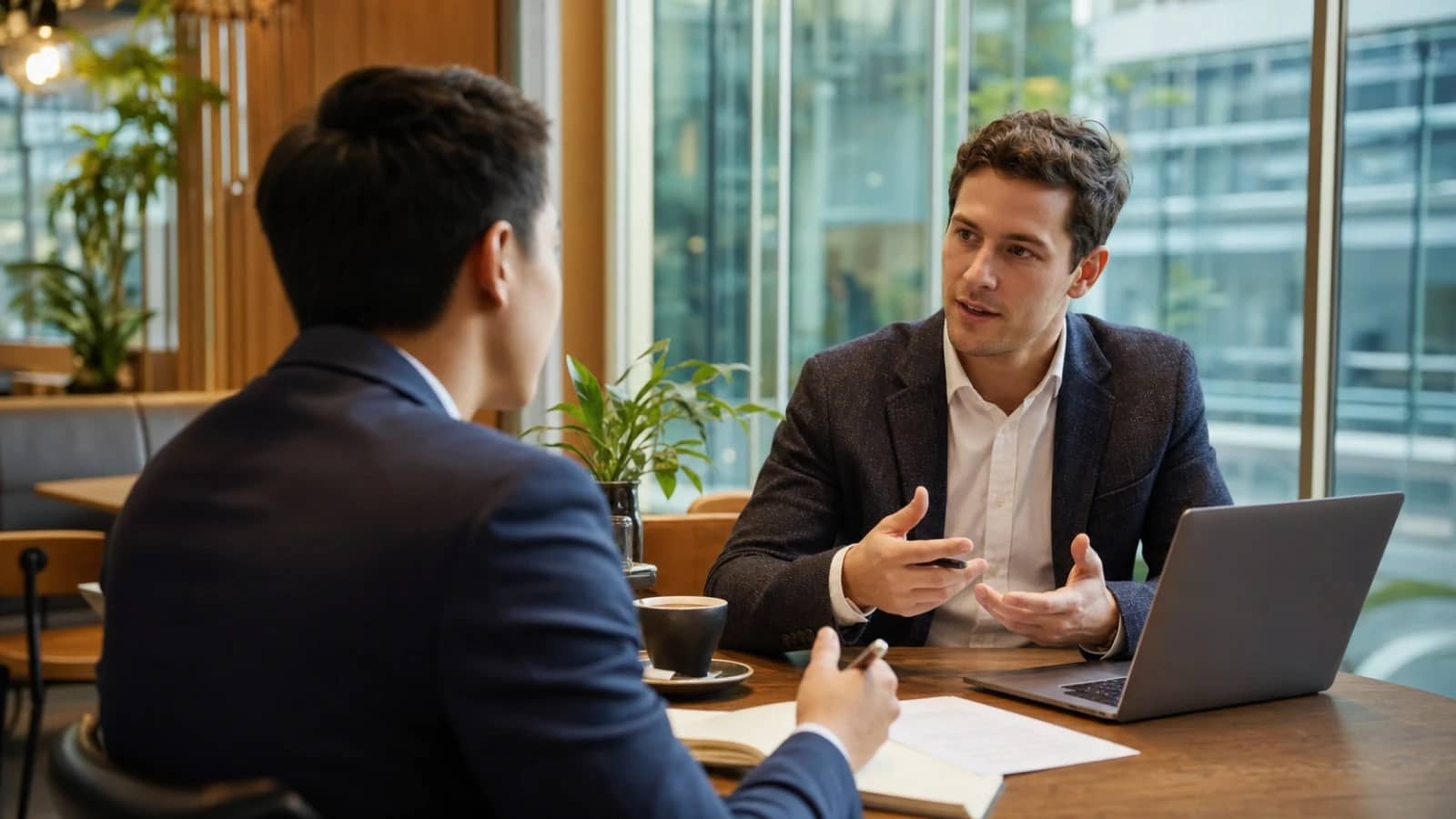 Consulting candidate preparing coffee chat questions during a networking meeting