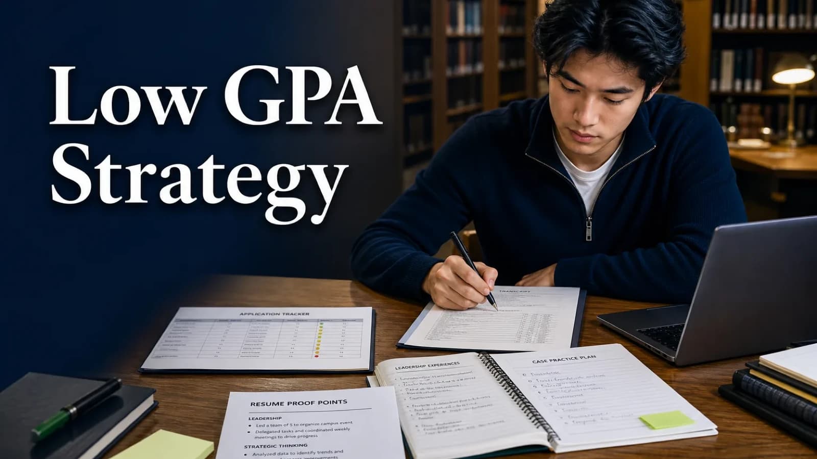Consulting applicant revising a resume and application plan after a weak GPA signal