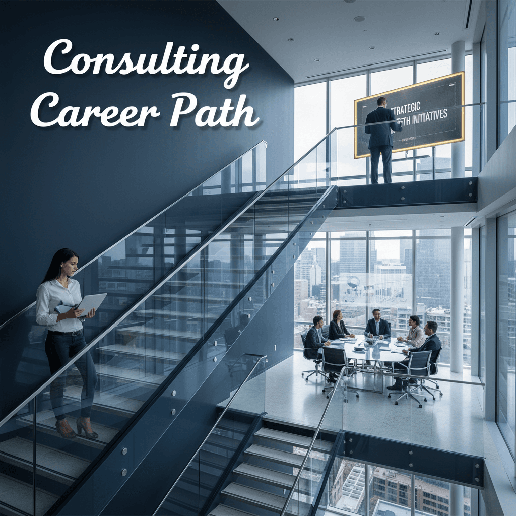 A career ladder diagram showing consulting levels from Analyst at the bottom to Senior Partner at the top with salary ranges at each step