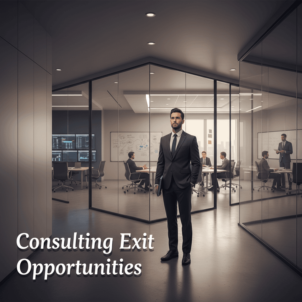 A career path diagram showing multiple exit routes from MBB consulting into private equity, tech, corporate strategy, and startups