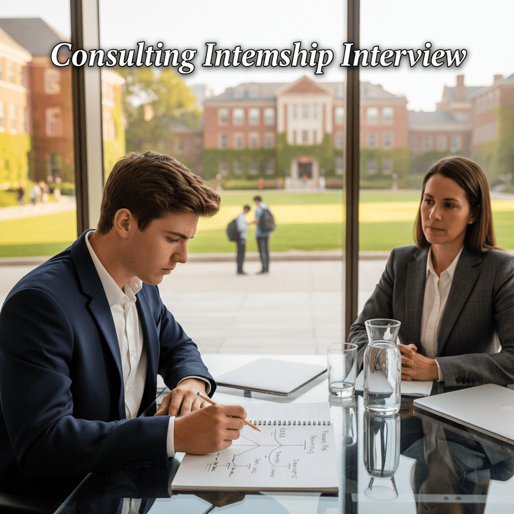 A college student in business attire sits across from a consulting interviewer at a modern glass-walled conference table, a structured framework sketch visible on the notepad between them, a university campus visible through floor-to-ceiling windows in soft morning light