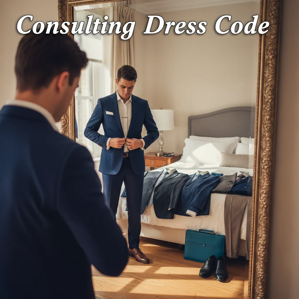 Professional consulting interview attire laid out — navy suit, white shirt, conservative tie, and black oxford shoes