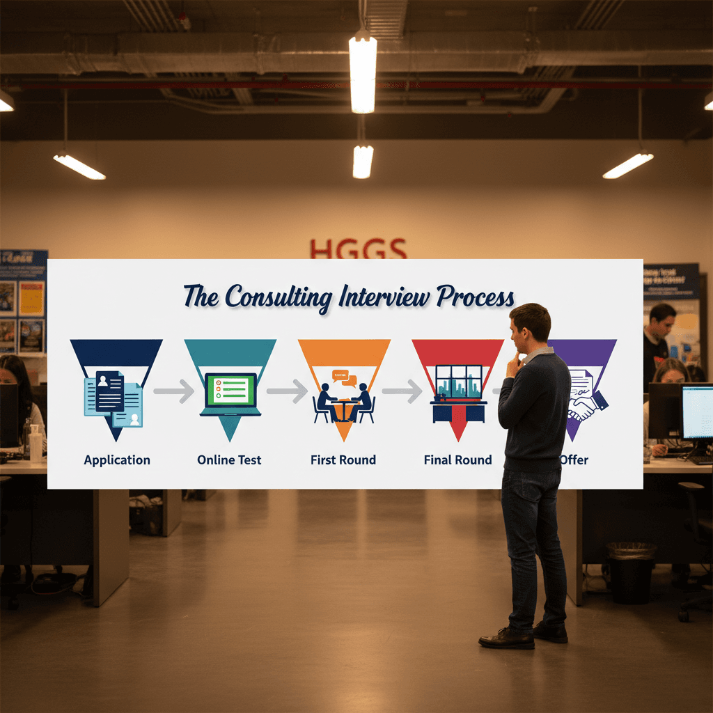 Diagram showing the consulting interview process from application through offer