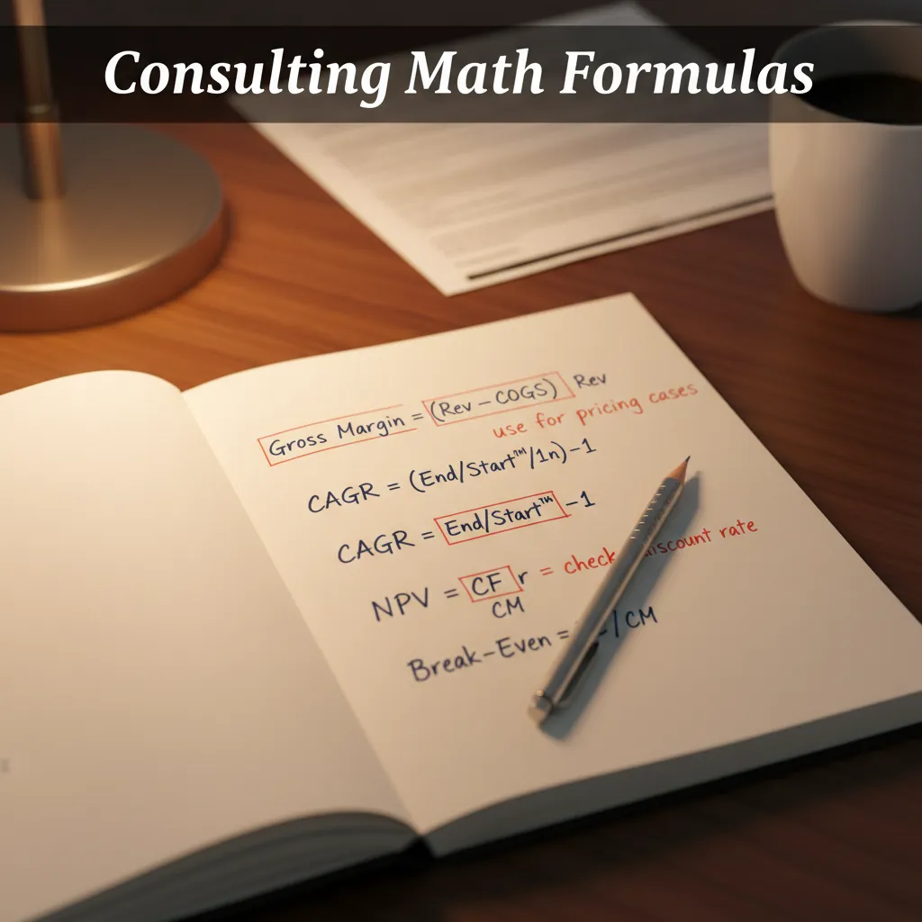 A consulting candidate's open notebook showing handwritten formulas (margin, CAGR, NPV, break-even) annotated with usage notes in red pen, a mechanical pencil resting across the page, warm desk lamp lighting, clean editorial composition