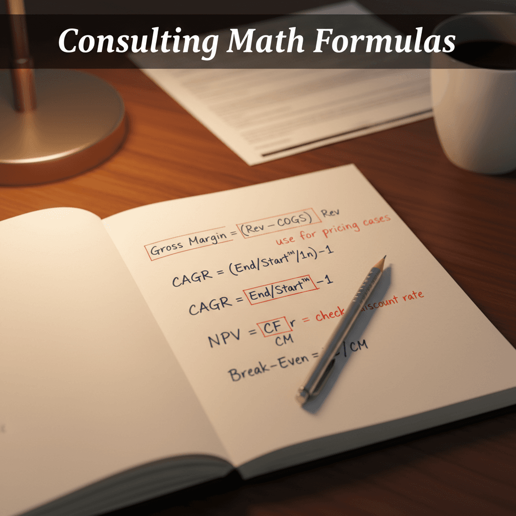 A consulting candidate's open notebook showing handwritten formulas — margin, CAGR, NPV, break-even — annotated with usage notes in red pen, a mechanical pencil resting across the page, warm desk lamp lighting, clean editorial composition