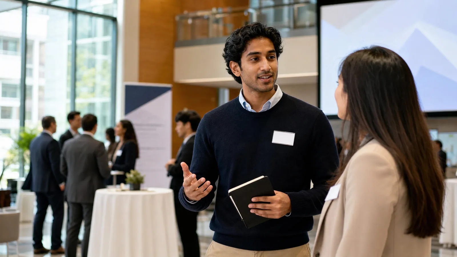 Consulting candidate speaking with a recruiter at a networking event while taking structured notes