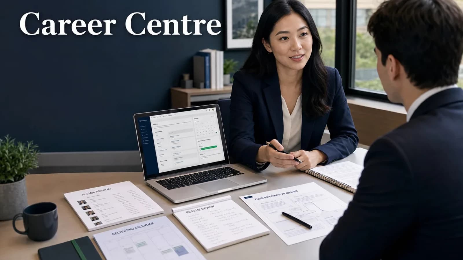 Consulting candidate using university career center resources to organize recruiting, networking, and case interview prep